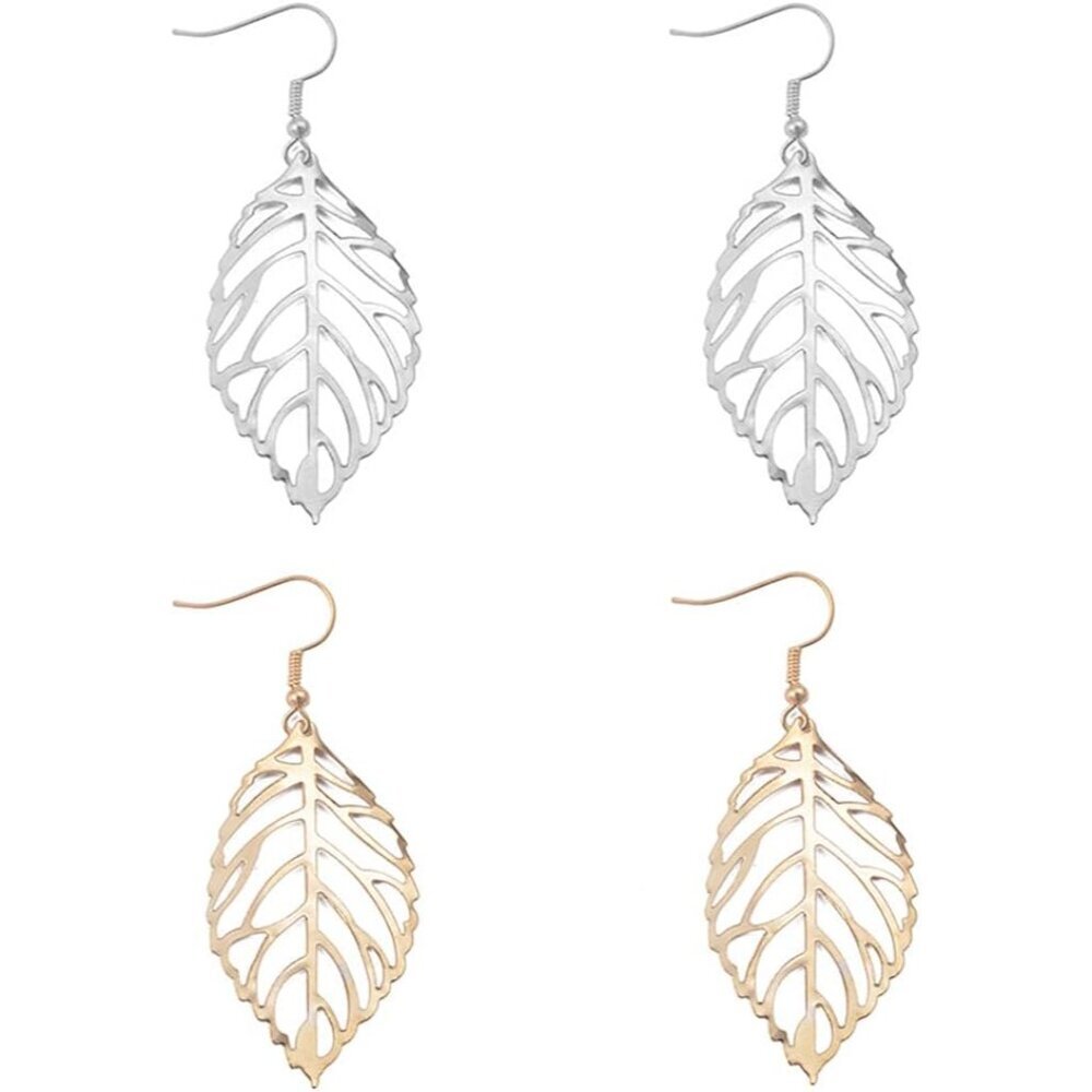 2 Pairs Elegant Simulation Hollow Gold Silver Leaf Dangle Drop Earrings Bohemian